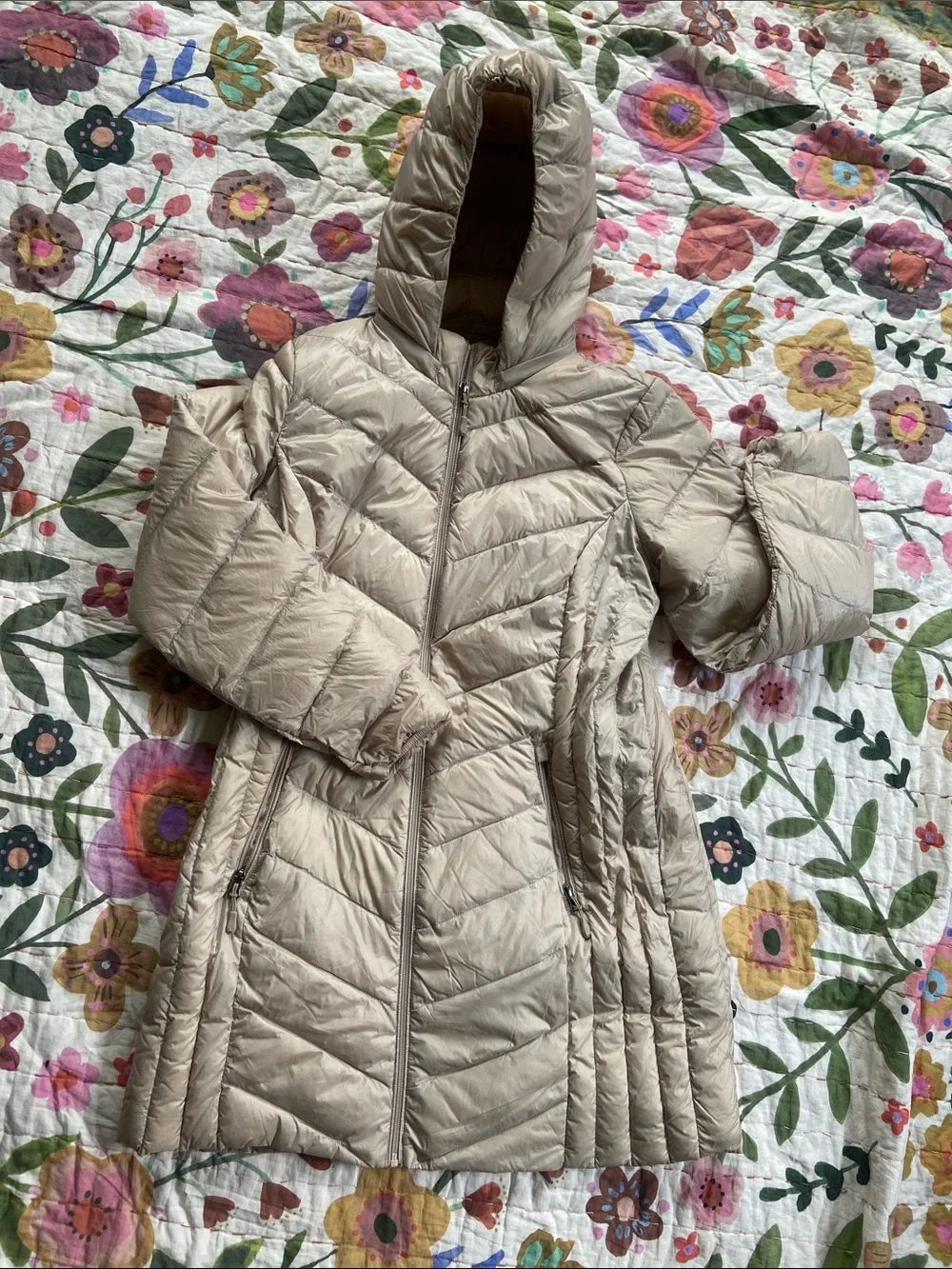 32 Degrees Quilted Puffer Coat with Detachable Hood Champagne Light Beige Large